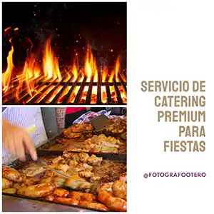 Catering premium para fiestas con pizzas a la parrilla, brochettes y mesa de carnes